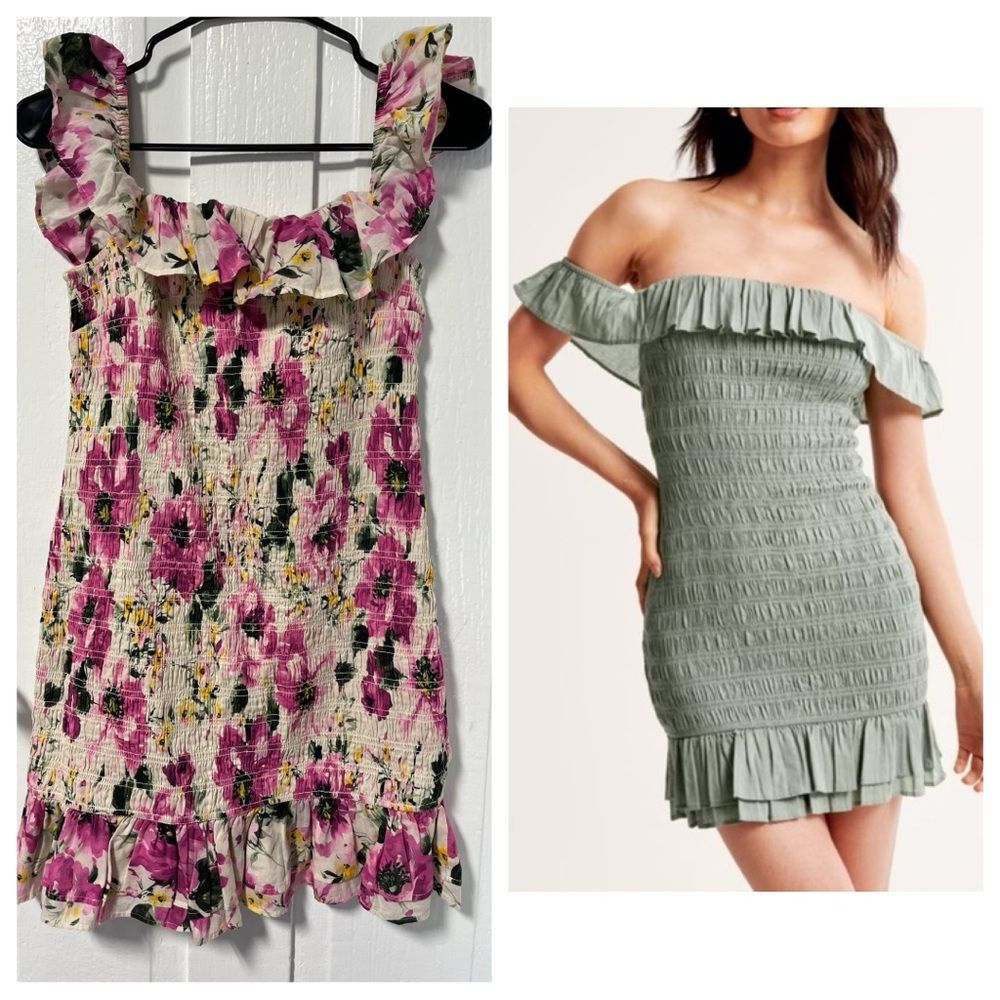 NWT Abercrombie & Fitch Off the shoulder pink floral smocked dress large Petite - Picture 1 of 8